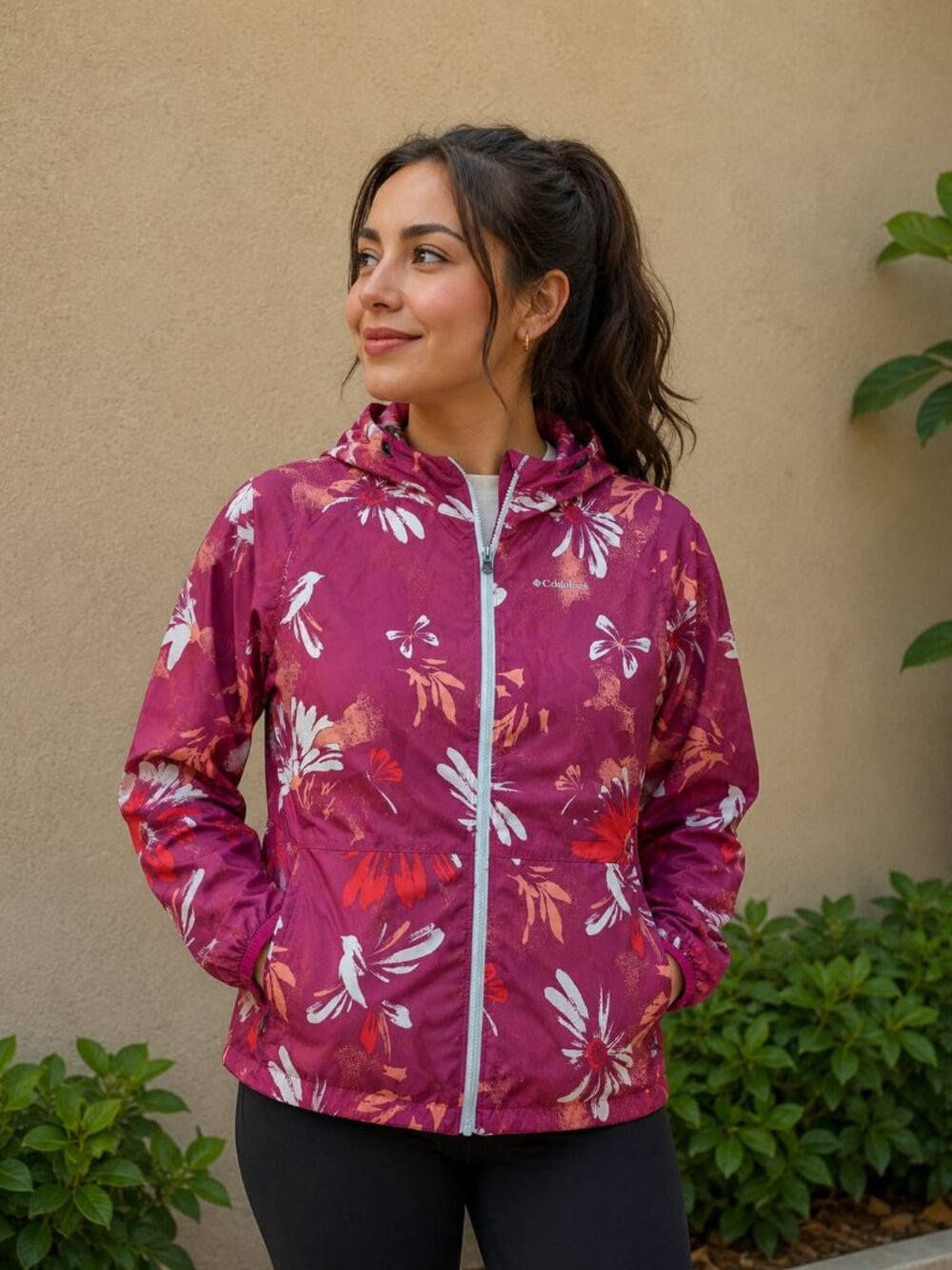 Columbia Reversible Full Zip Hooded Jacket Womens Size XL Floral Blue